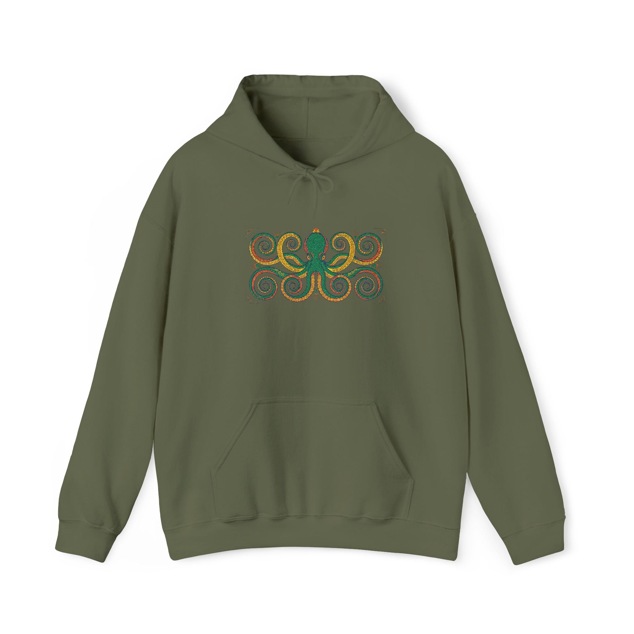 Green pullover hoodie with hood, drawstrings, kangaroo pocket, octopus swirl graphic