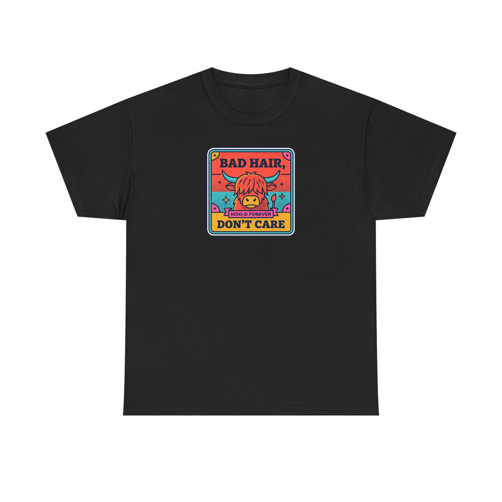 Black t-shirt with square cow graphic reading “Bad Hair Don’t Care”.