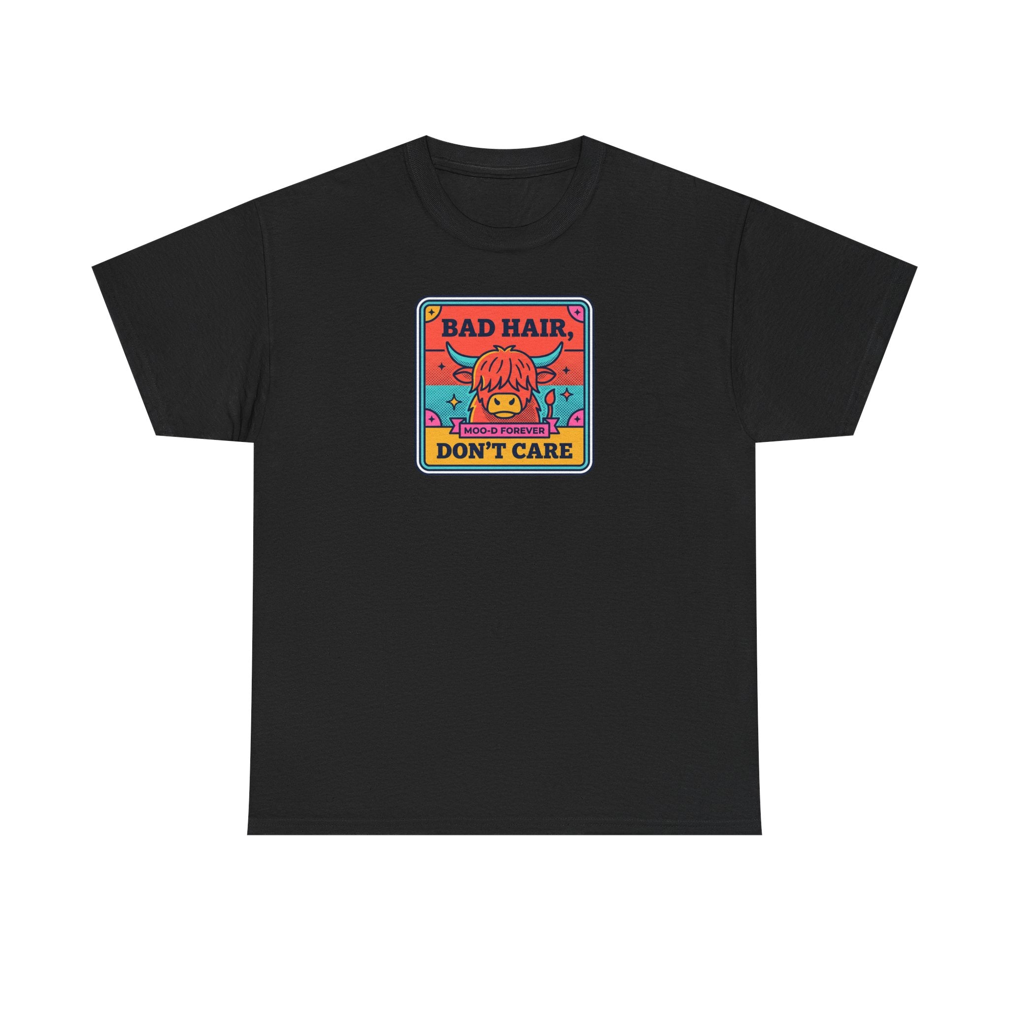 Black t-shirt with square cow graphic reading “Bad Hair Don’t Care”.