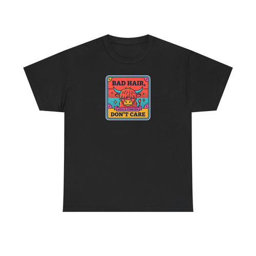 Black t-shirt with square cow graphic reading “Bad Hair Don’t Care”.