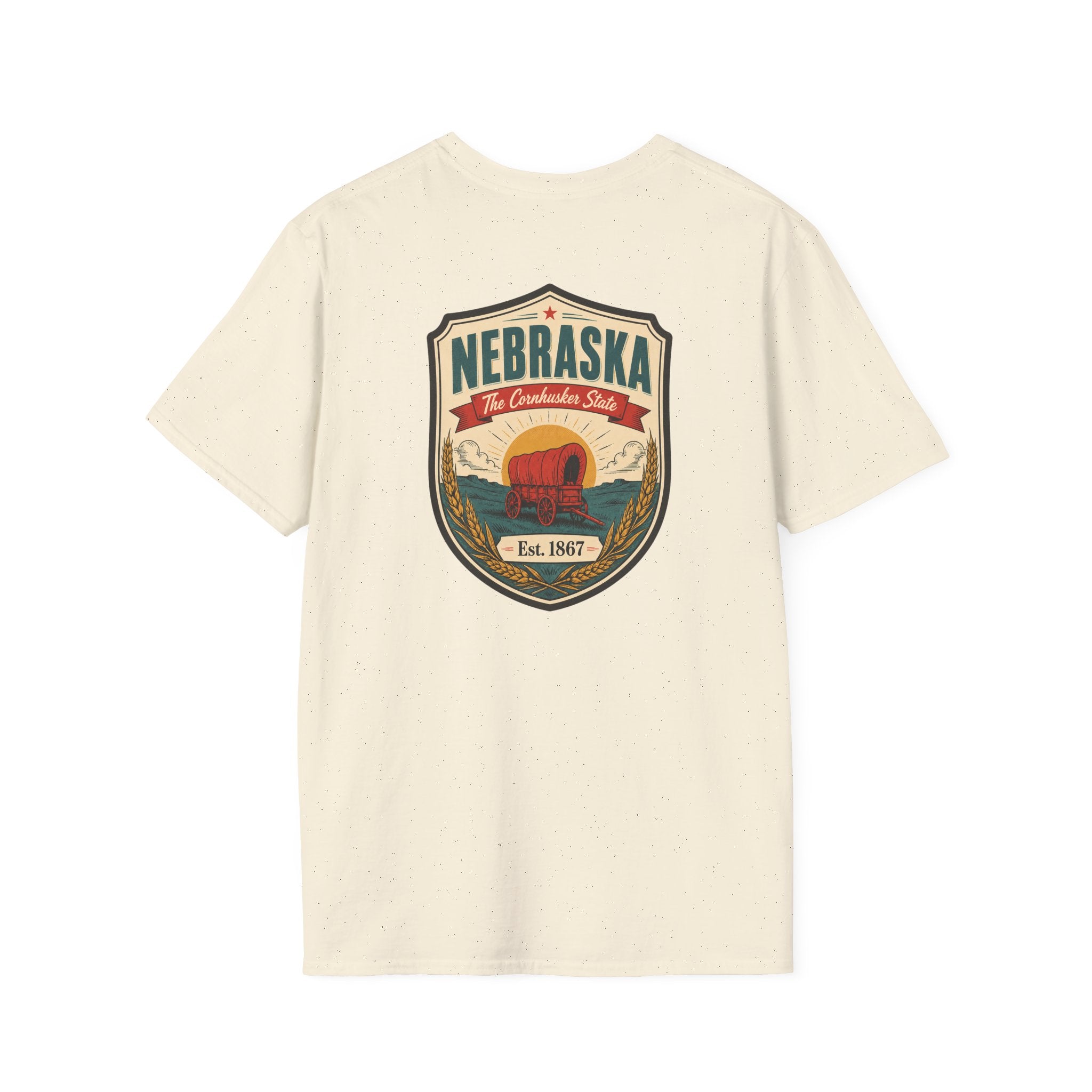 Cream T-shirt with Nebraska shield graphic on front.