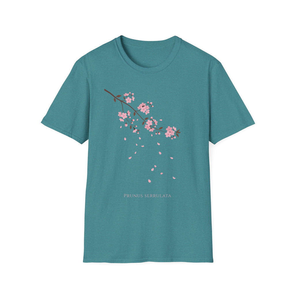 Cherry Blossom Branch T-Shirt, teal with pink sakura branch and falling petals artwork