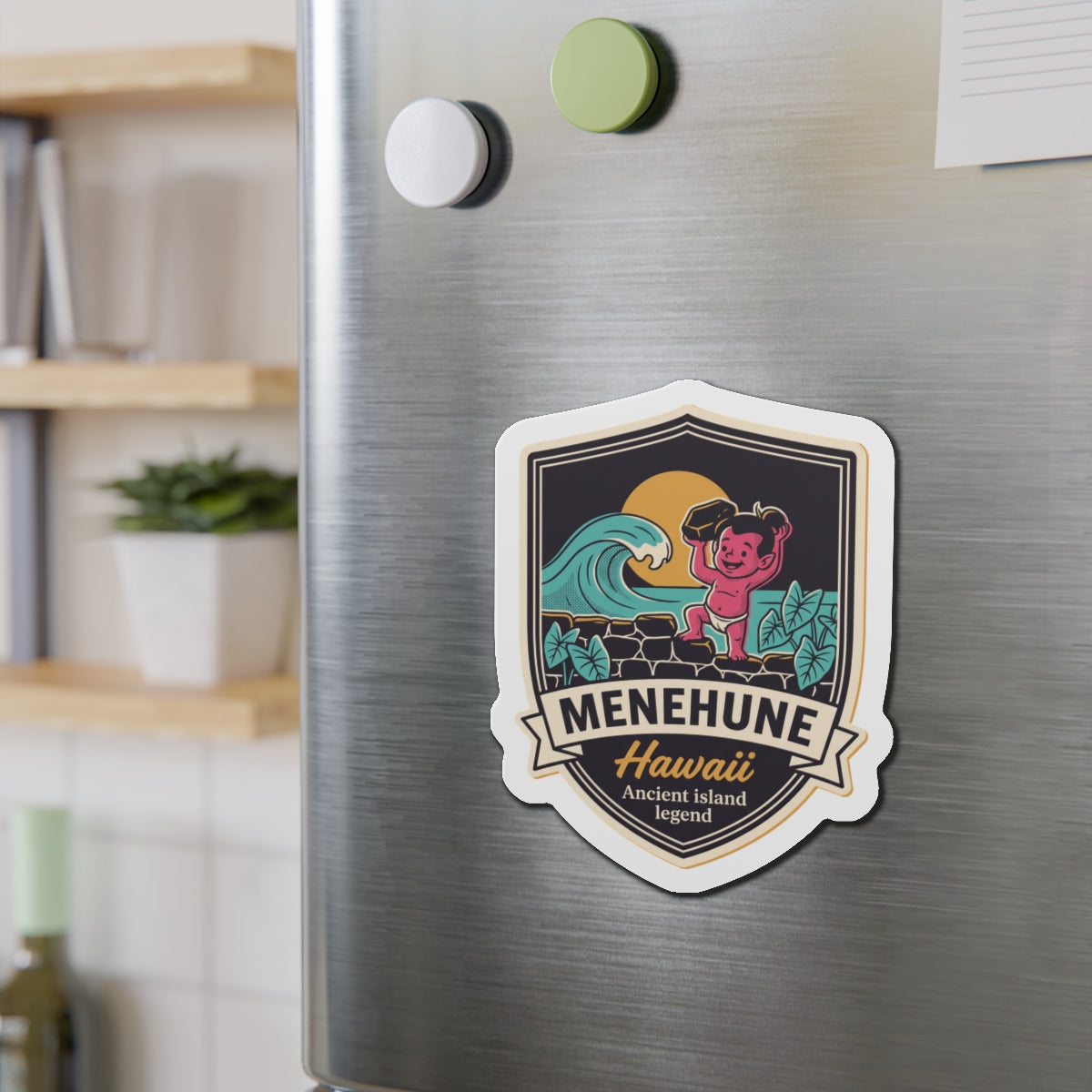 Shield die-cut magnet with turtle splashing waves, child character, and ocean scene art
