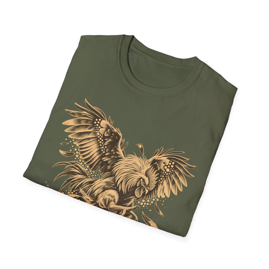 Military green crewneck short-sleeve T-shirt with full gold eagle wing graphic
