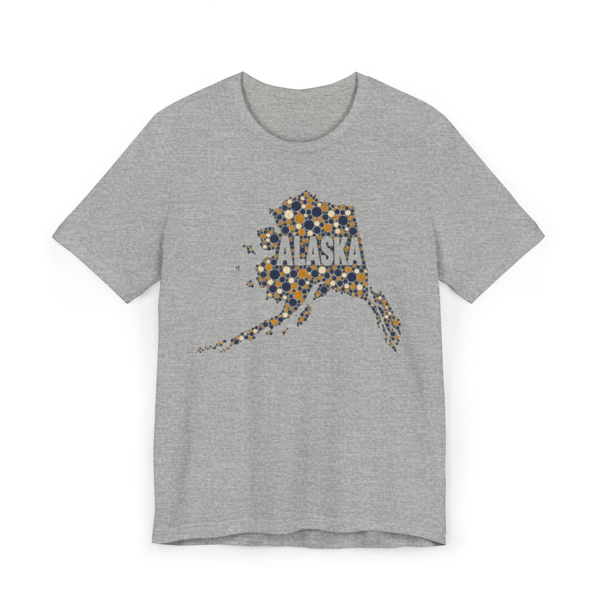 Heather gray Alaska state outline graphic T-shirt with dotted map and “Alaska” text