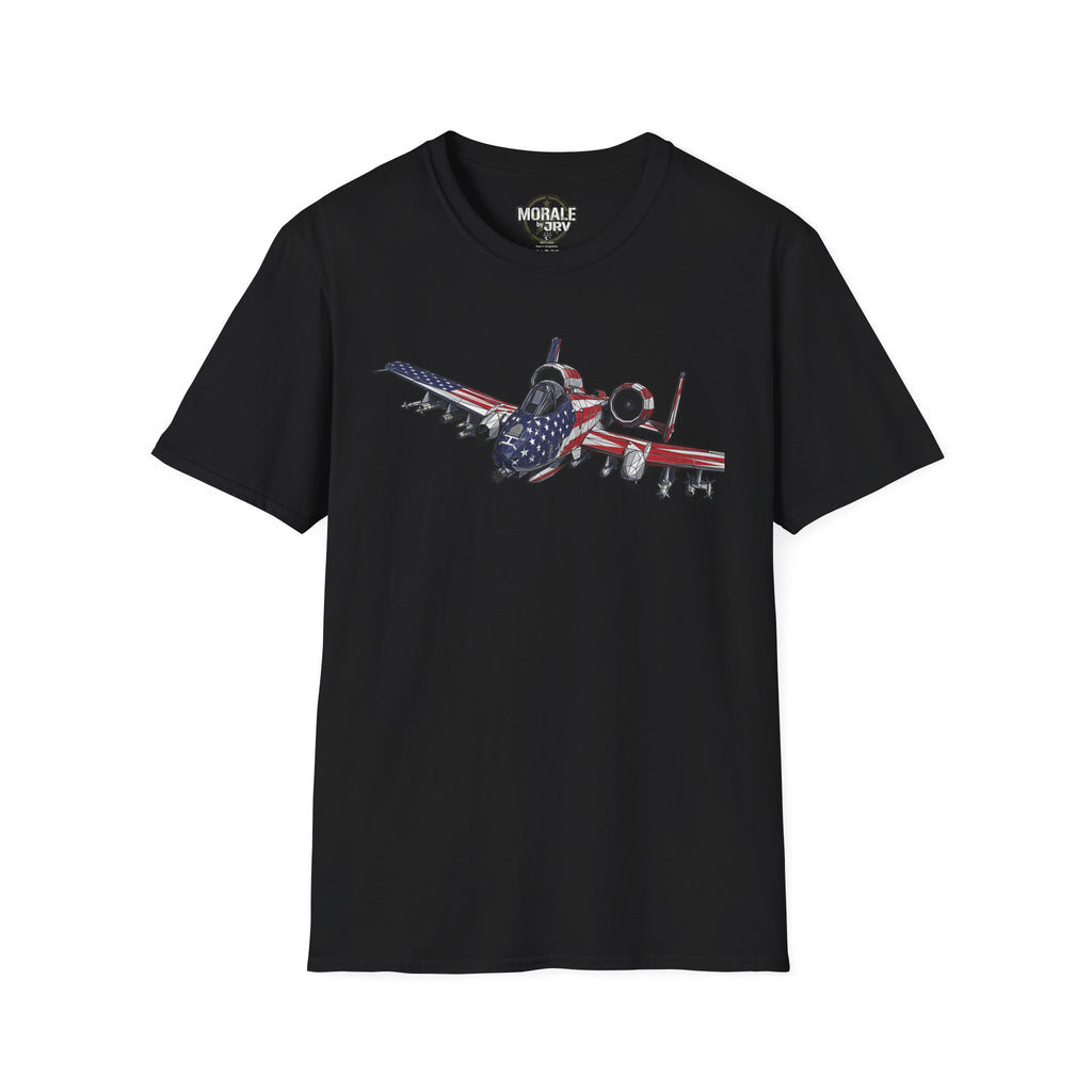 Black A-10 Warthog T-shirt with red-and-white tail flag jet graphic