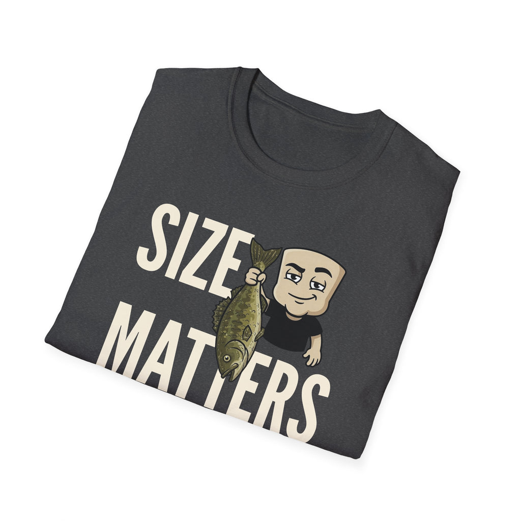 Dark gray T-shirt with “SIZE MATTERS” text and a cartoon fisherman holding a fish.