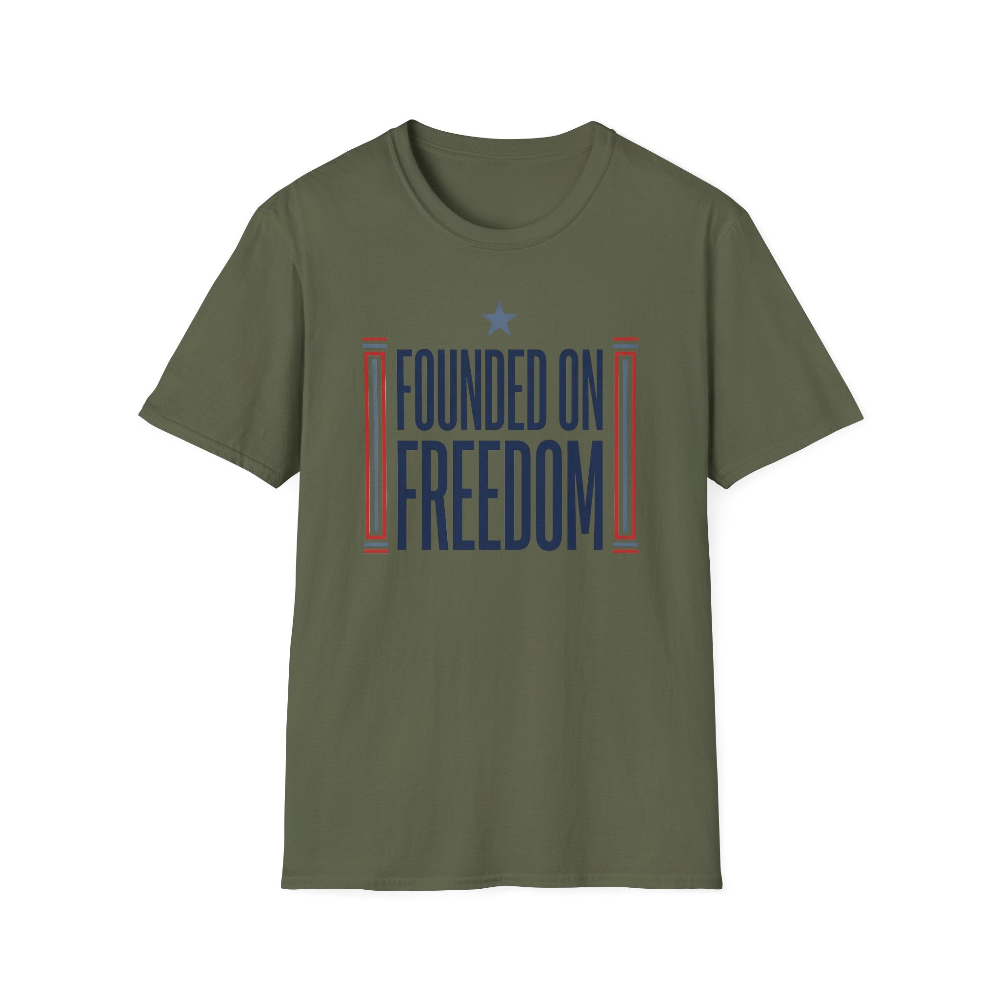 Olive green T-shirt with centered "Founded on Freedom" graphic