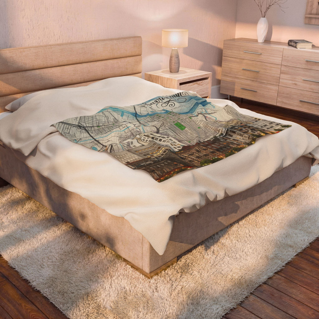 Velveteen plush blanket on bed with close-up blue river and skyline print