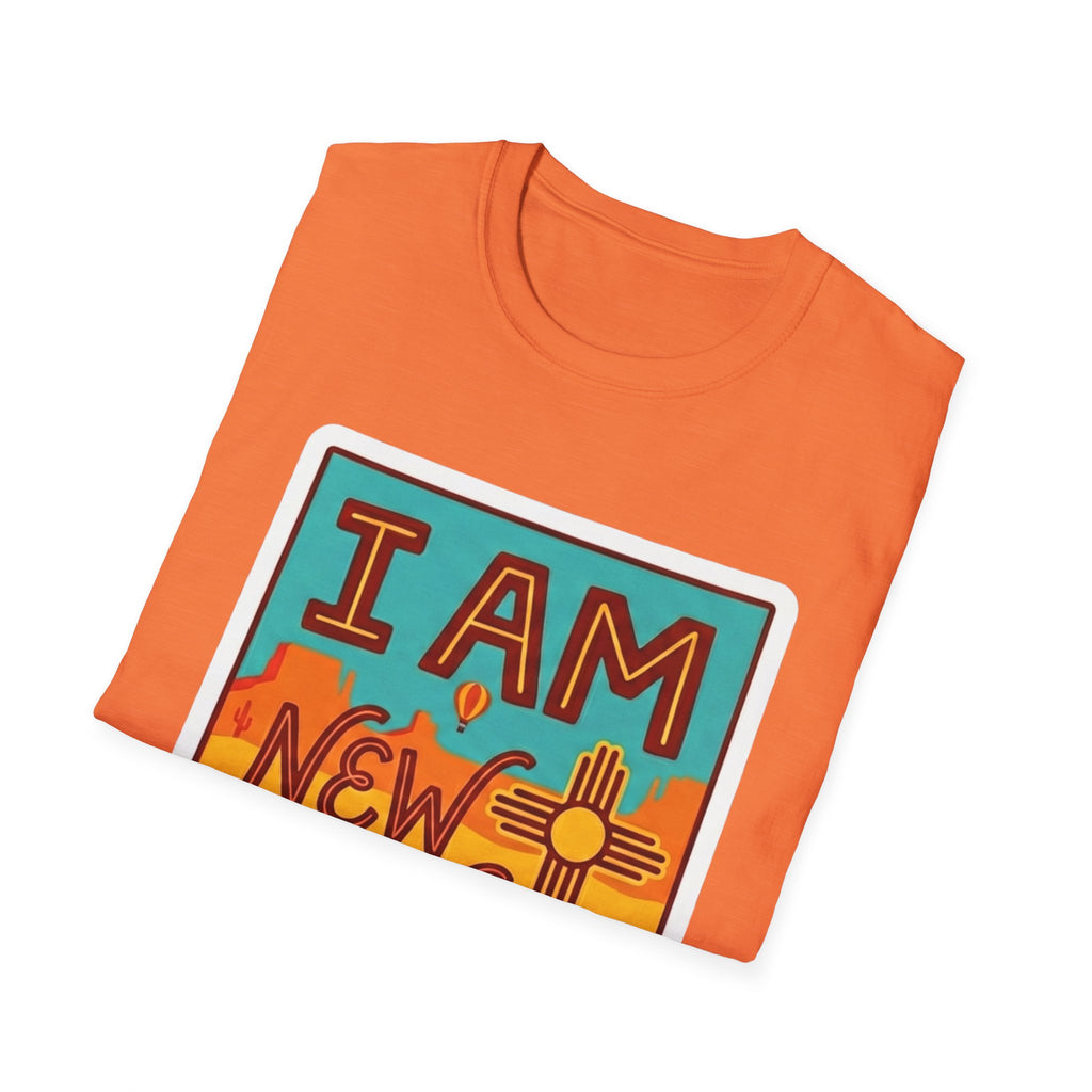 Orange T-shirt with 'I AM New Mexico' sign graphic