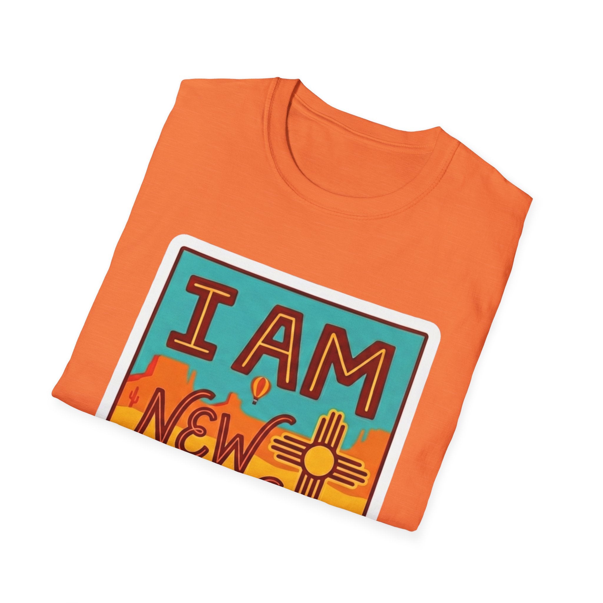 Orange T-shirt with 'I AM New Mexico' sign graphic