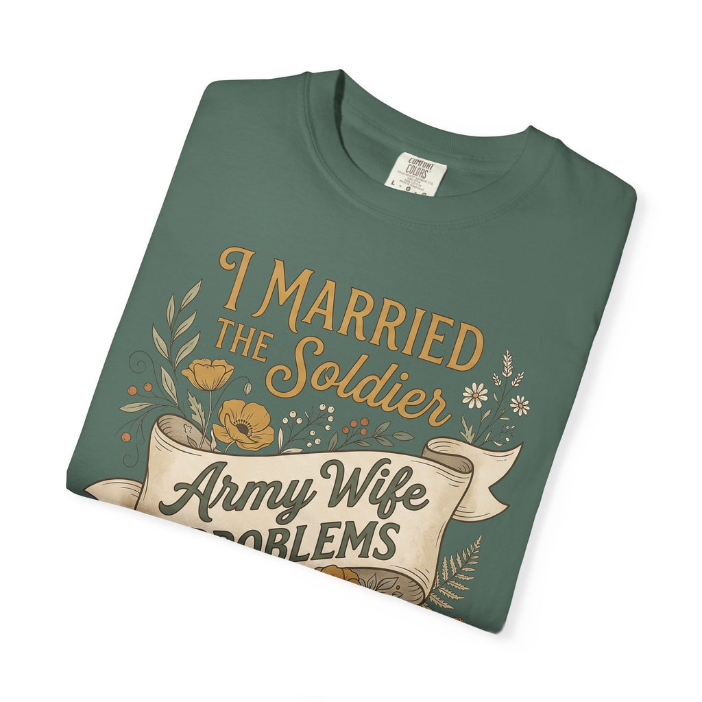 Green crewneck T-shirt with front 'I Married the Soldier' floral print