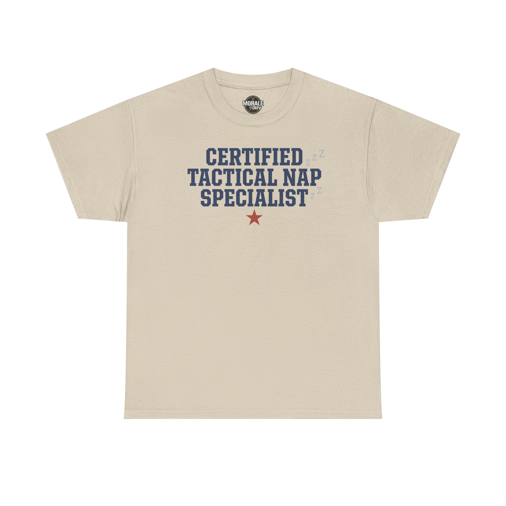 Sand crewneck tee with 'Certified Tactical Nap Specialist' print