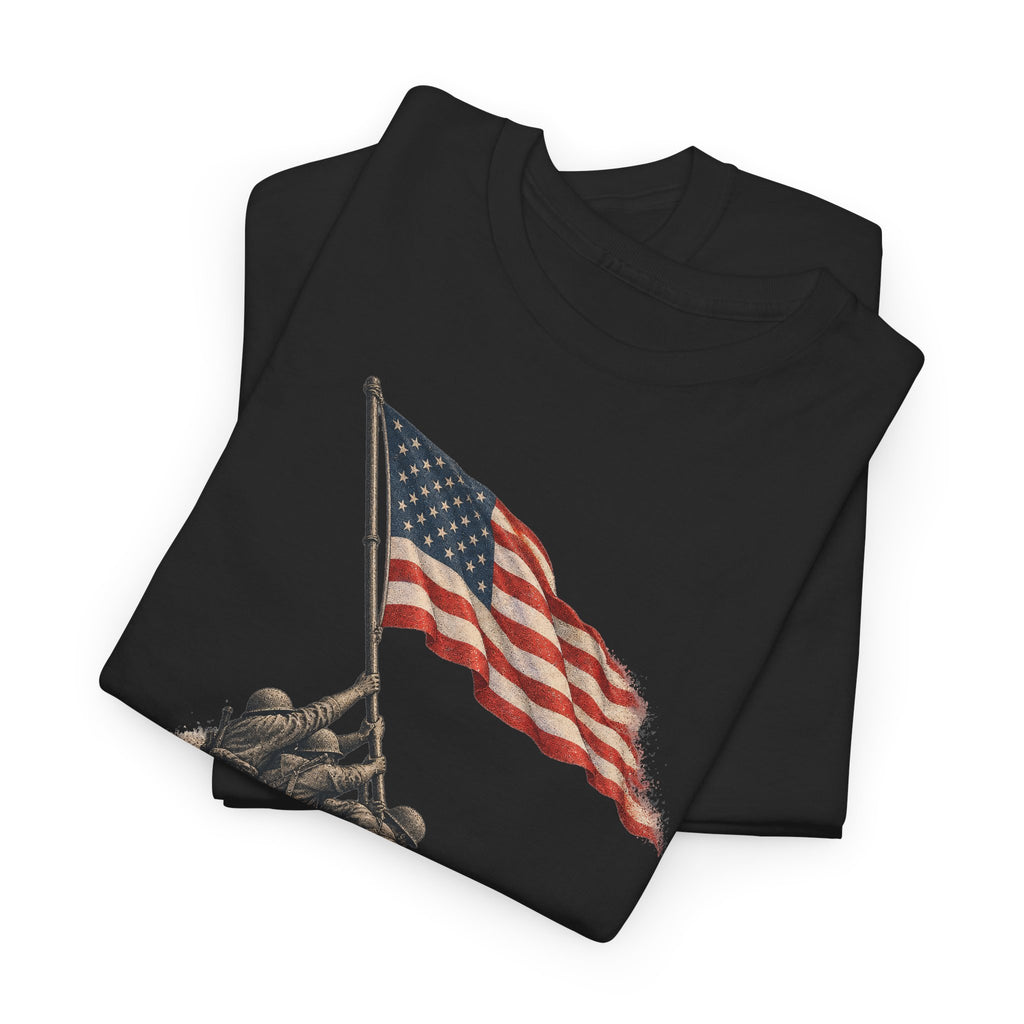 Black crewneck T-shirt with flag-raising graphic front