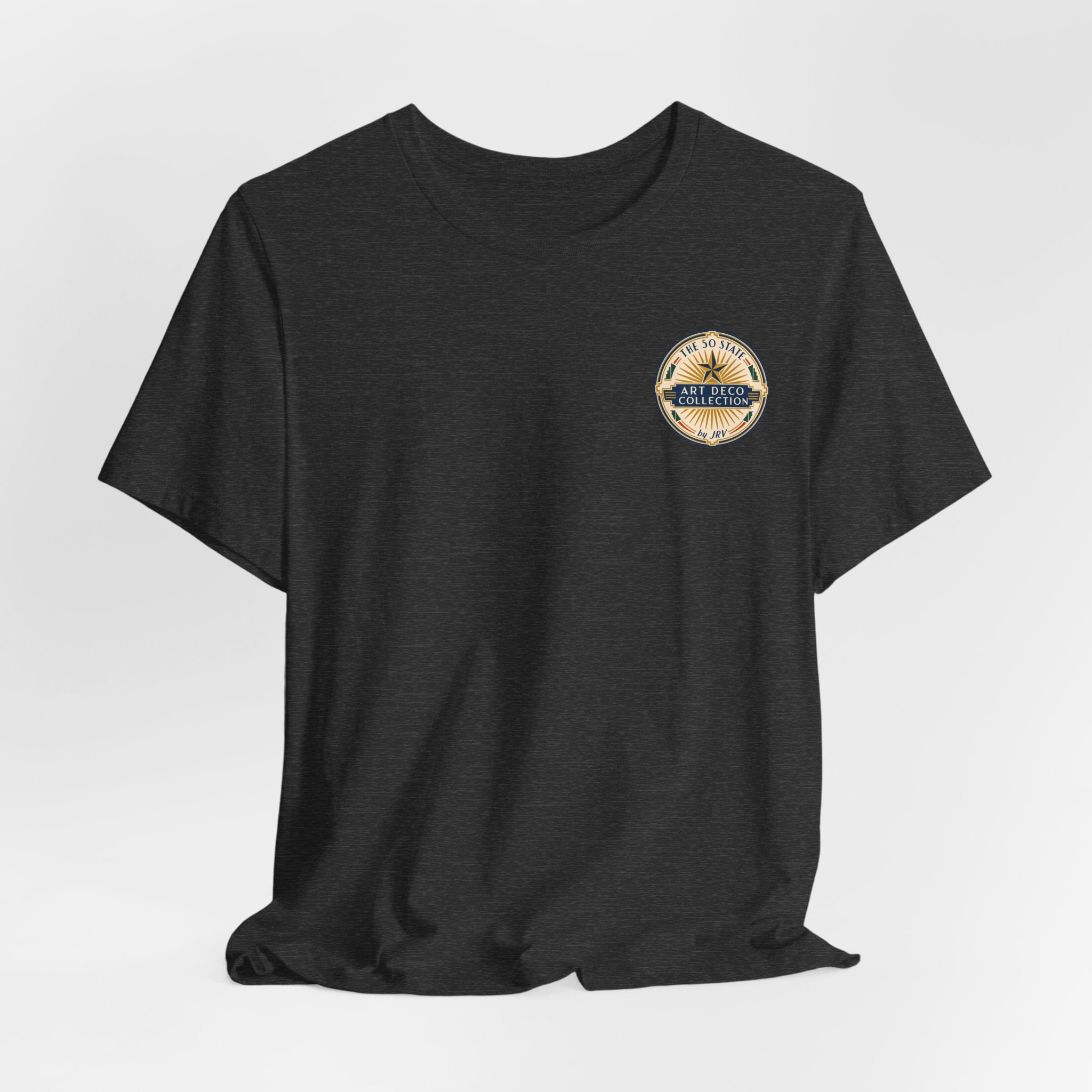 Black T-shirt with round logo graphic on left chest, short sleeve front