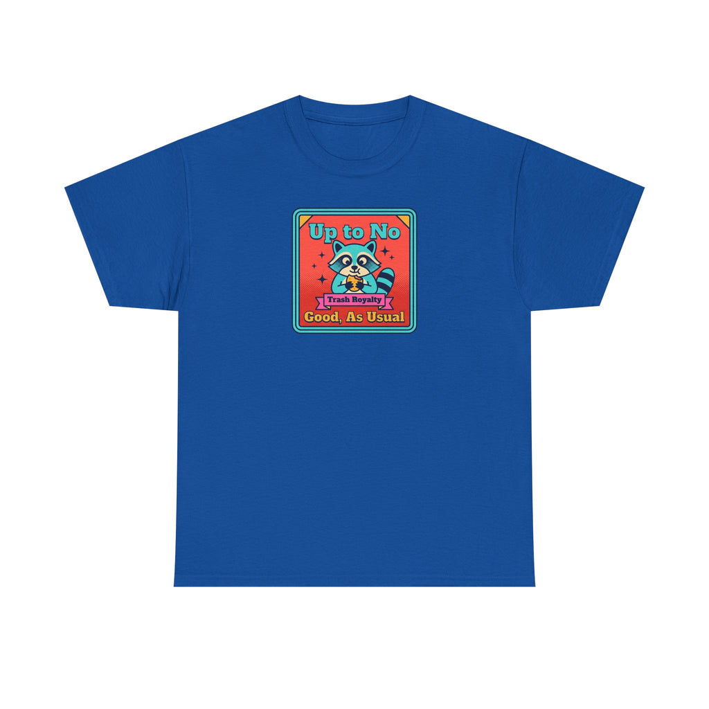 Royal blue T-shirt with small square raccoon graphic text “Up to No Good, As Usual”