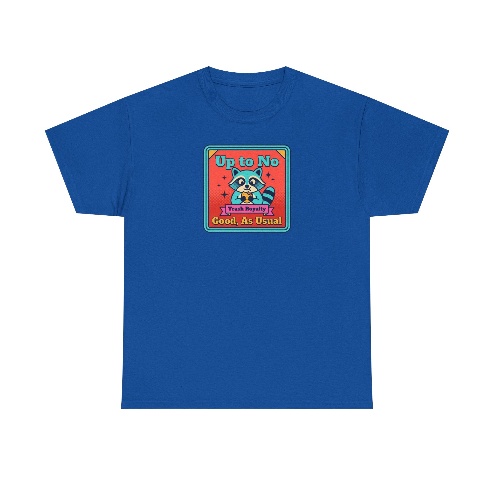 Royal blue T-shirt with small square raccoon graphic text “Up to No Good, As Usual”