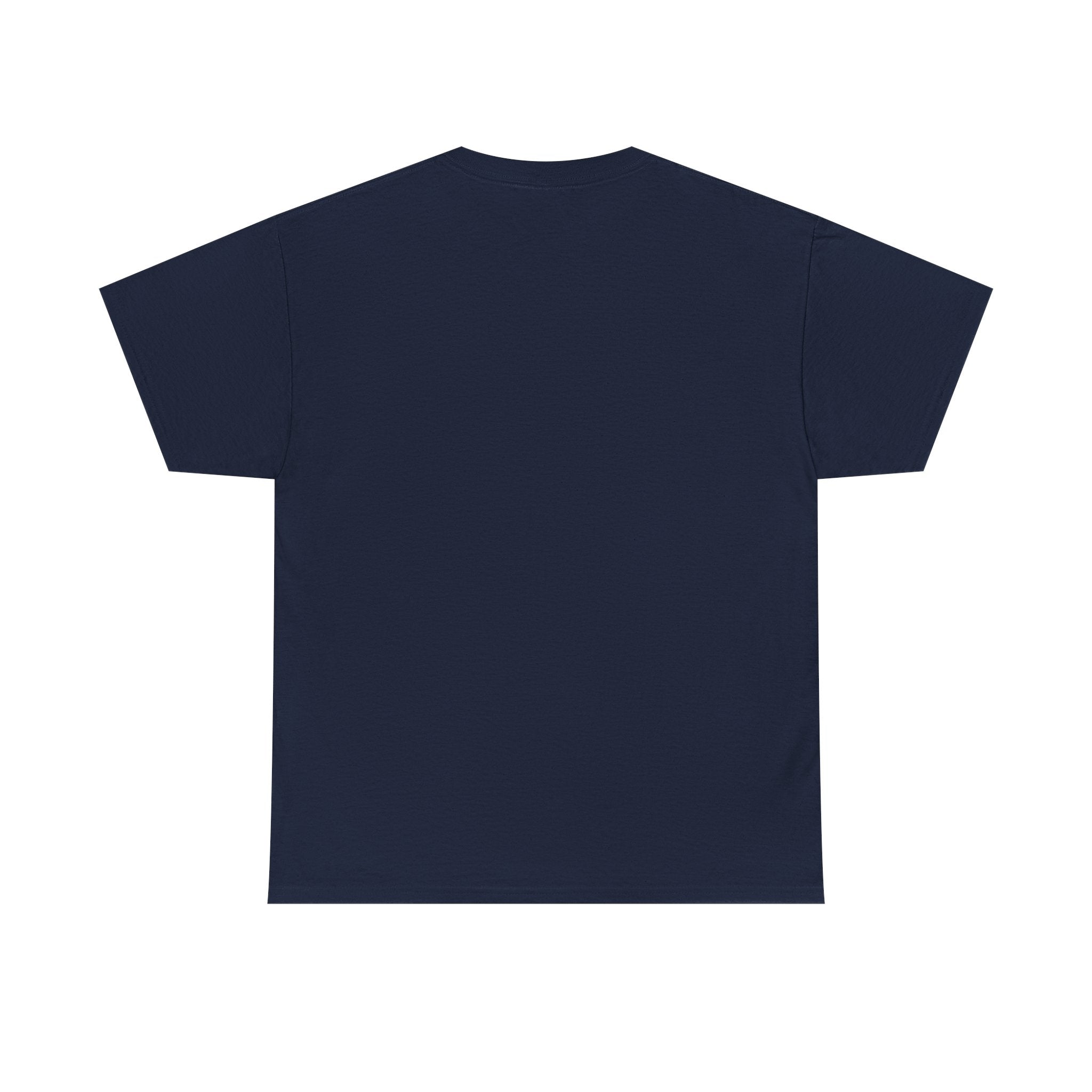 Dark navy graphic tee, back view