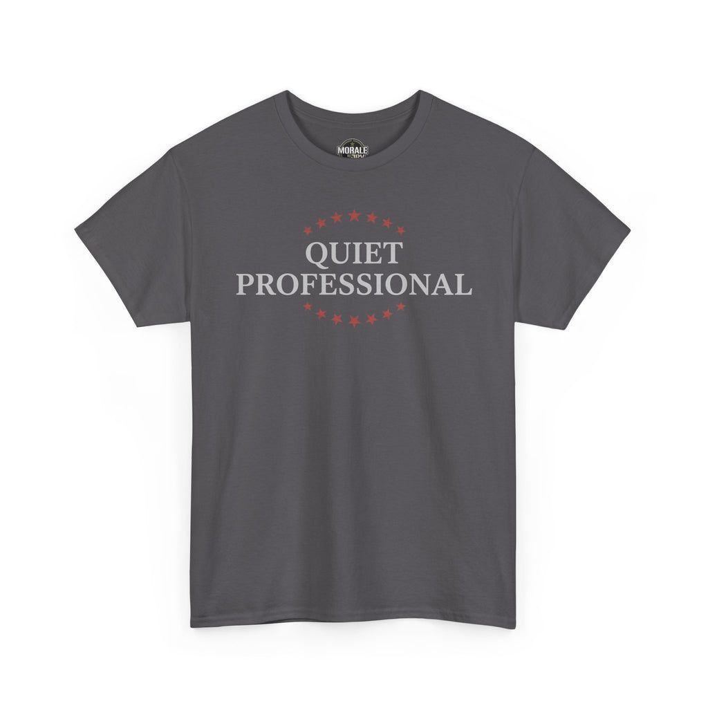 Charcoal crew-neck T-shirt with 'QUIET PROFESSIONAL' graphic