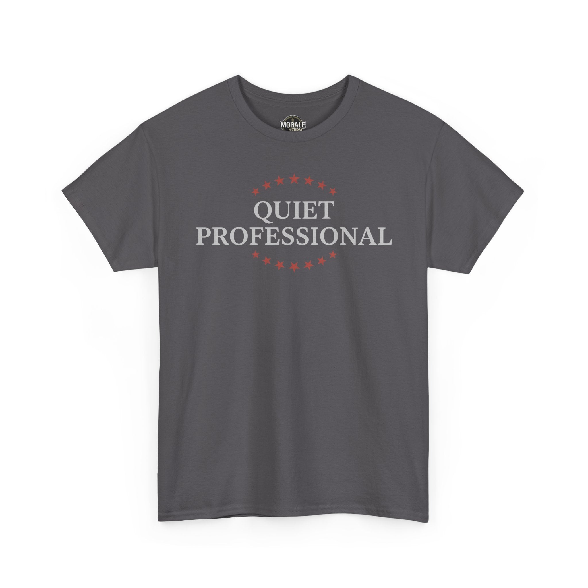 Charcoal crew-neck T-shirt with 'QUIET PROFESSIONAL' graphic