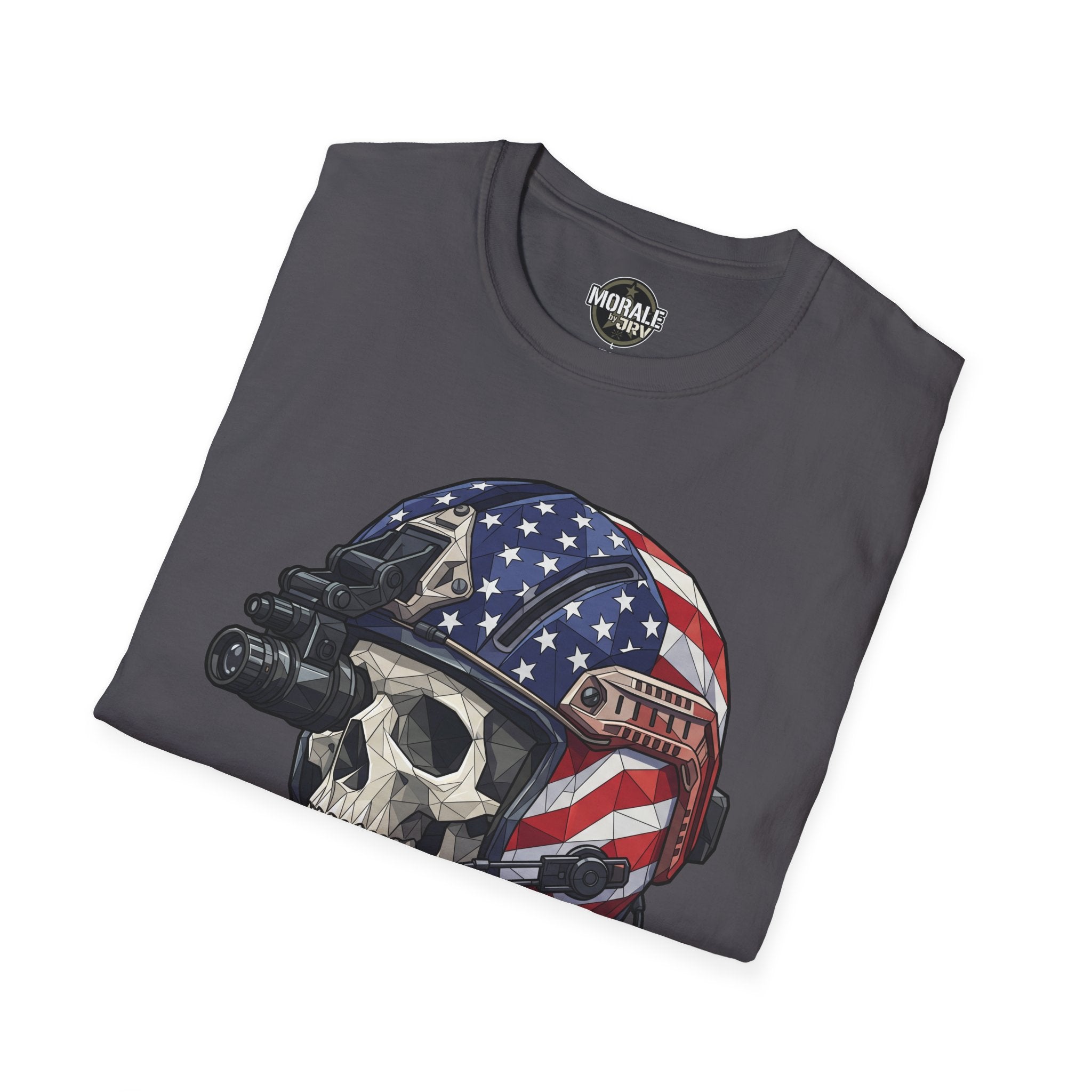 Dark charcoal skull helmet graphic tactical T-shirt, folded