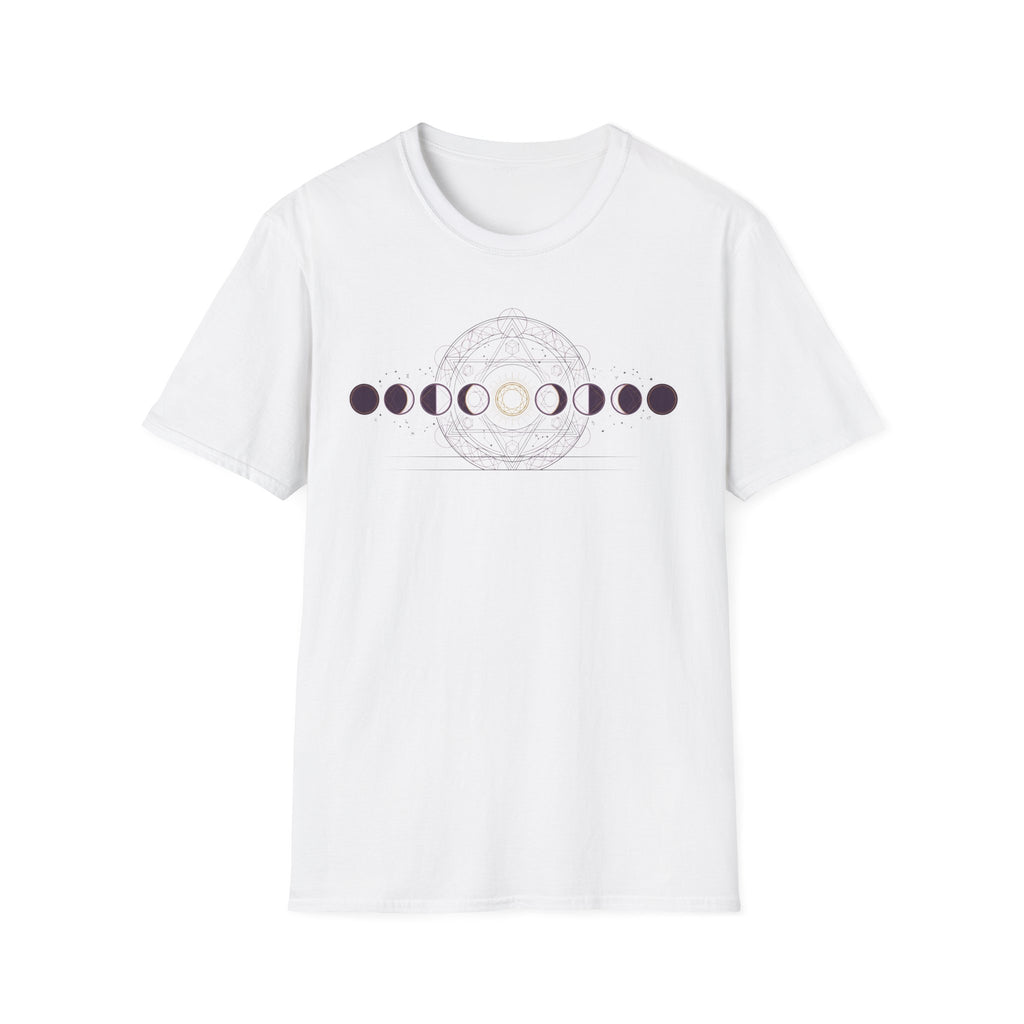 White moon phases graphic t-shirt showing circular dotted design on the chest