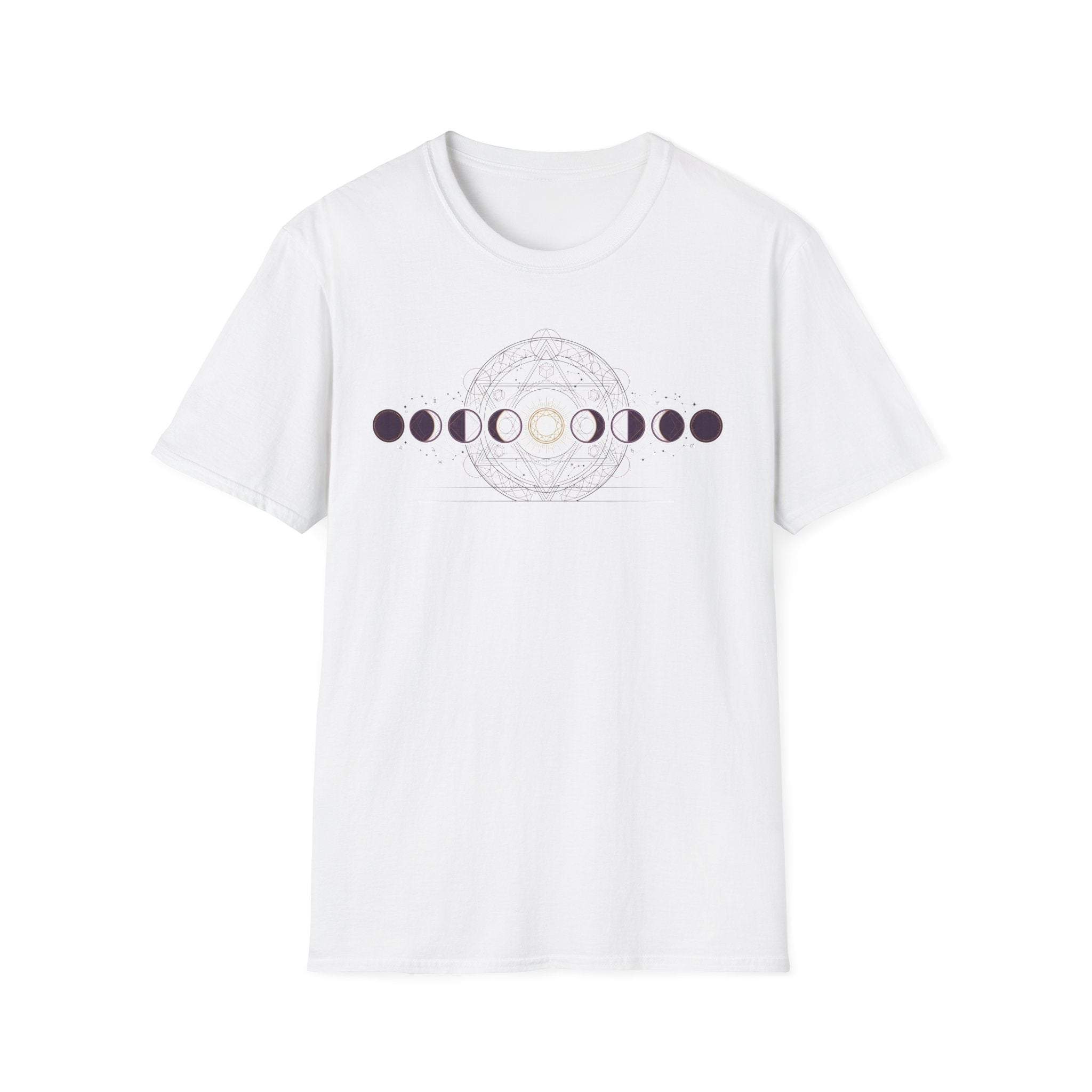 White moon phases graphic t-shirt showing circular dotted design on the chest