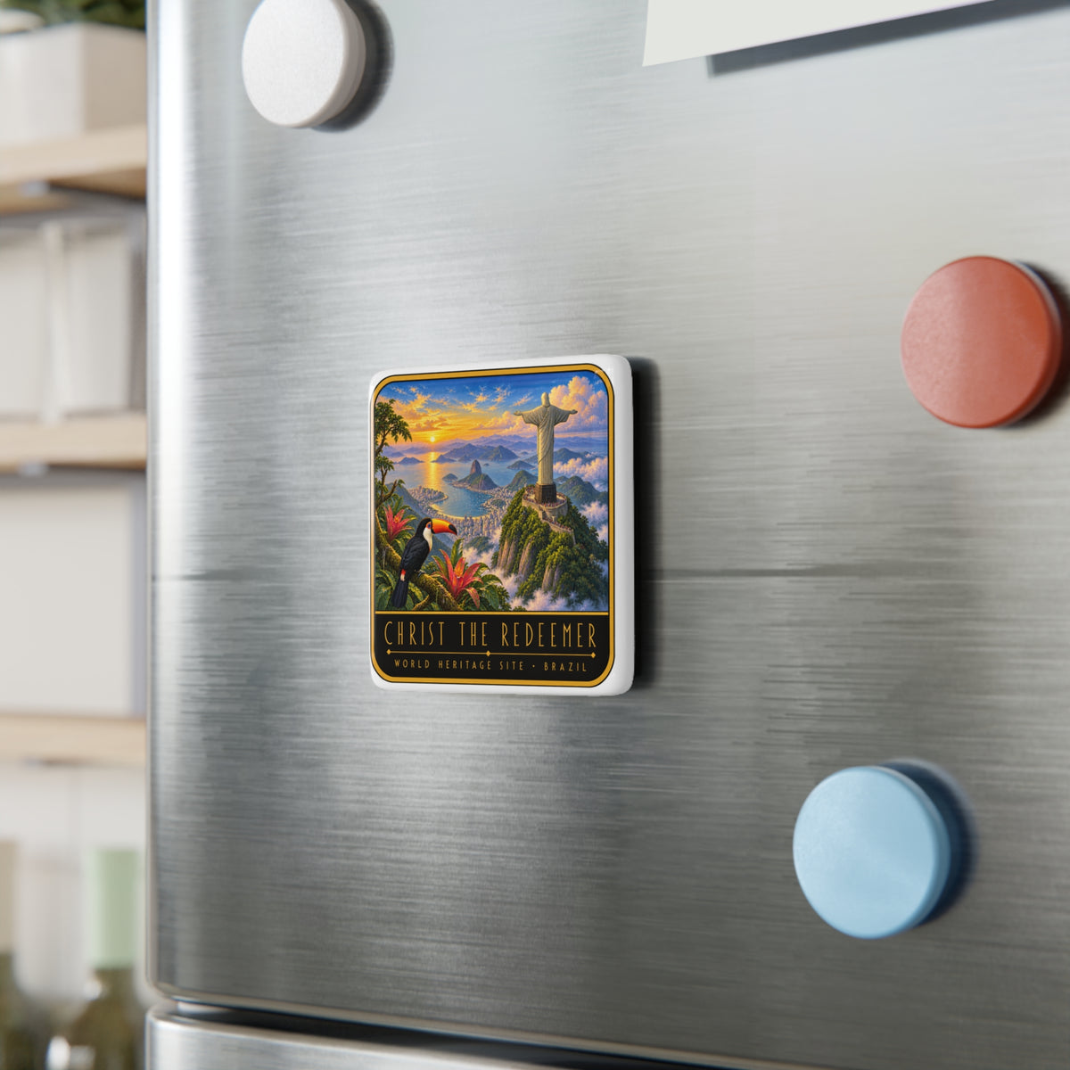 Square Christ the Redeemer porcelain fridge magnet on a stainless steel refrigerator