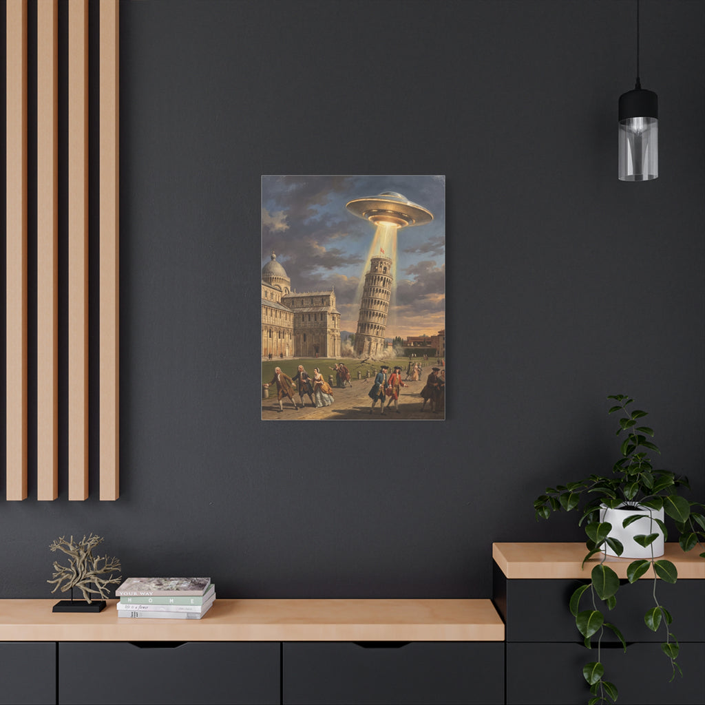 Square canvas wall art with a UFO hovering above the Leaning Tower and pedestrians in view