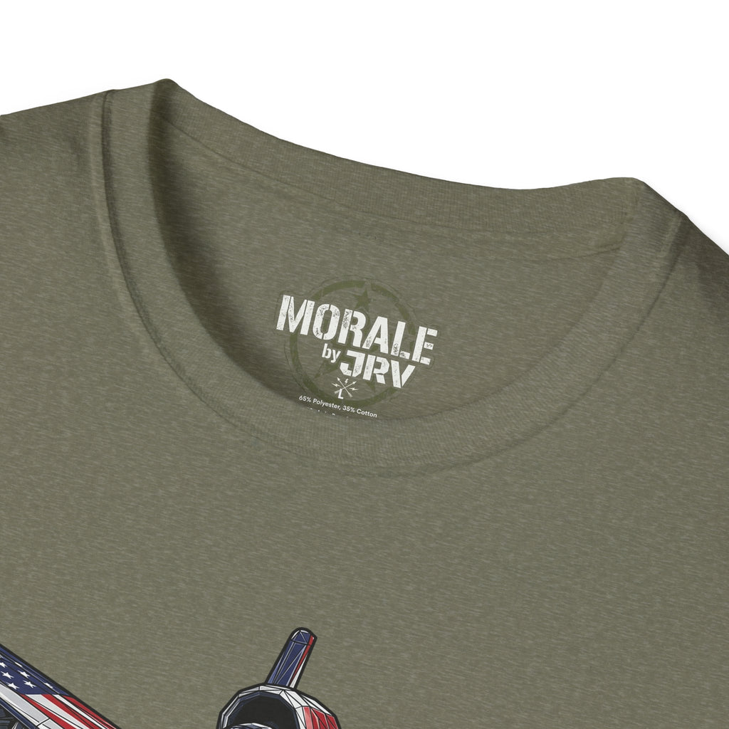Olive T-shirt neckline with “MORALE by TRK” label