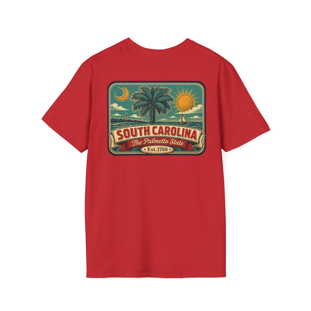 Red T-shirt with South Carolina palm graphic patch and Est. 1788 text