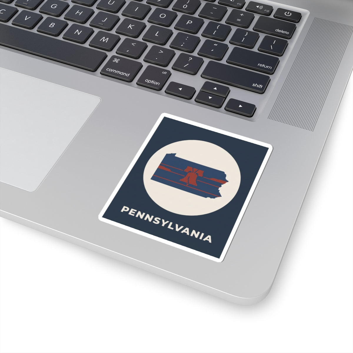 Small navy Pennsylvania sticker with white circle map and Liberty Bell stripes, PENNSYLVANIA text