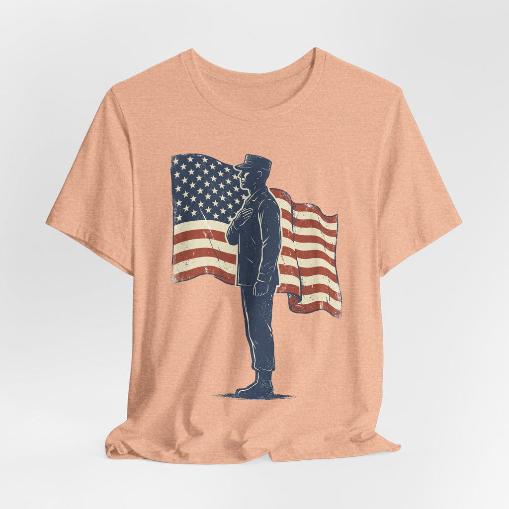 Light peach T-shirt with standing soldier silhouette and waving American flag graphic