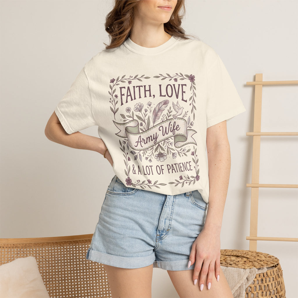 White crewneck T-shirt with floral 'Faith, Love' and 'Army Wife' graphic