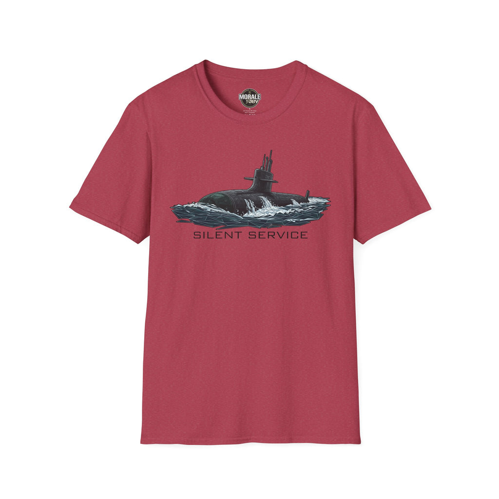 Silent Service T-shirt in burgundy, submarine graphic with SILENT SERVICE lettering