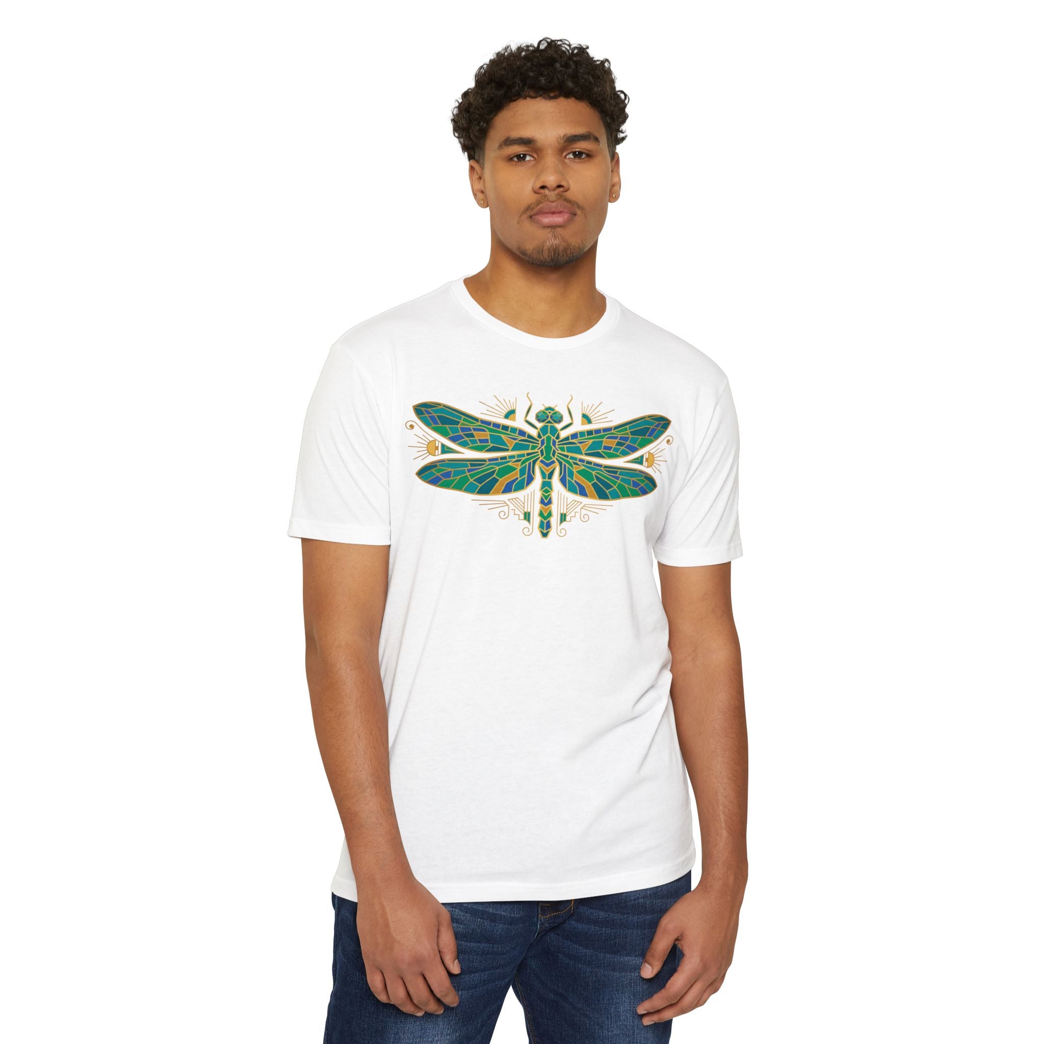 White unisex t-shirt with colorful dragonfly graphic on chest