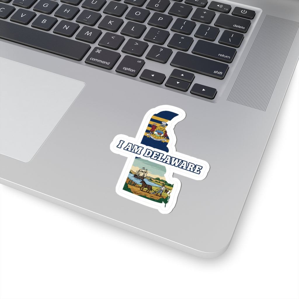 I Am Delaware die-cut sticker with Delaware flag and landscape under “I AM DELAWARE”