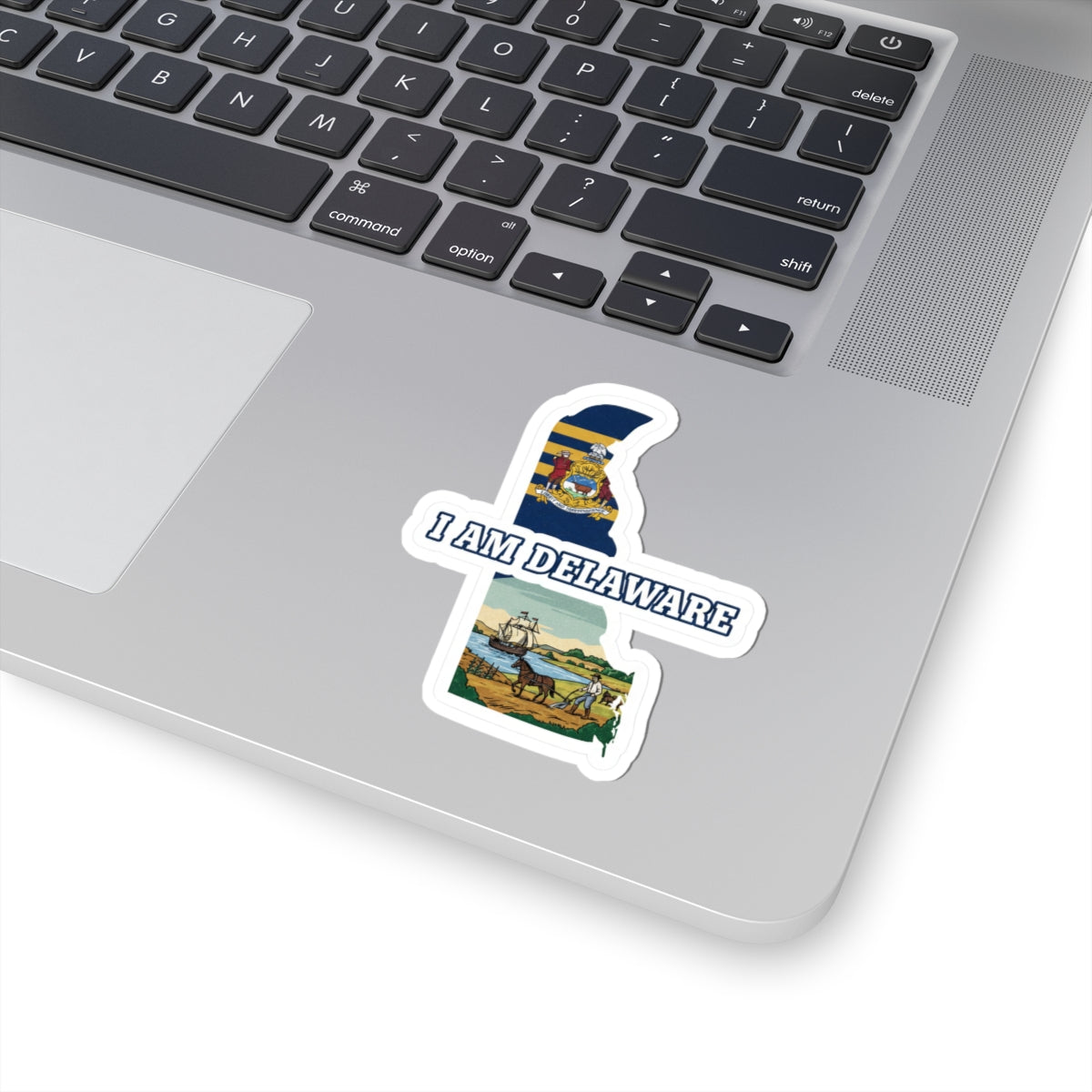 I Am Delaware die-cut sticker with Delaware flag and landscape under “I AM DELAWARE”