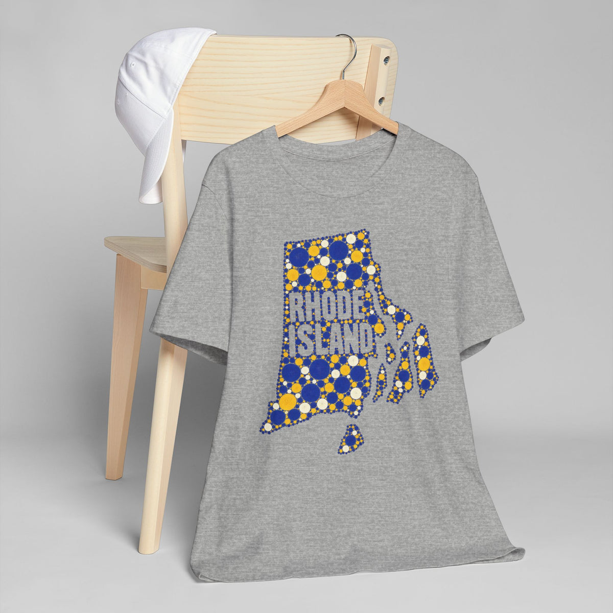 Heather gray crewneck T-shirt with Rhode Island polka-dot graphic print