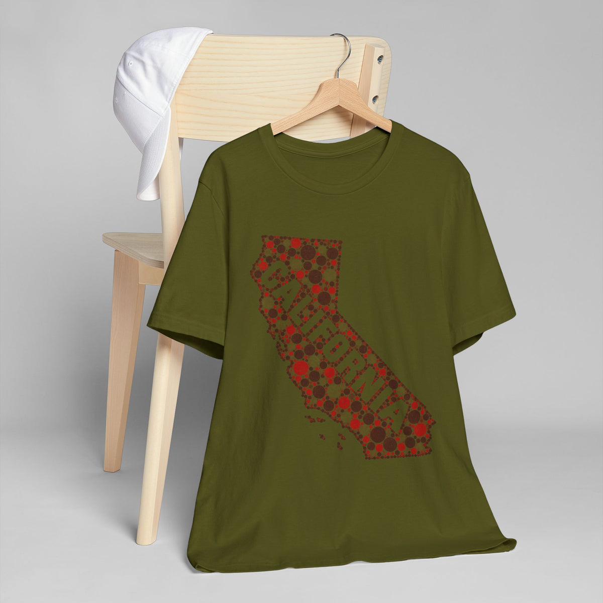 Olive green crew-neck T-shirt with red floral dotted California outline graphic.