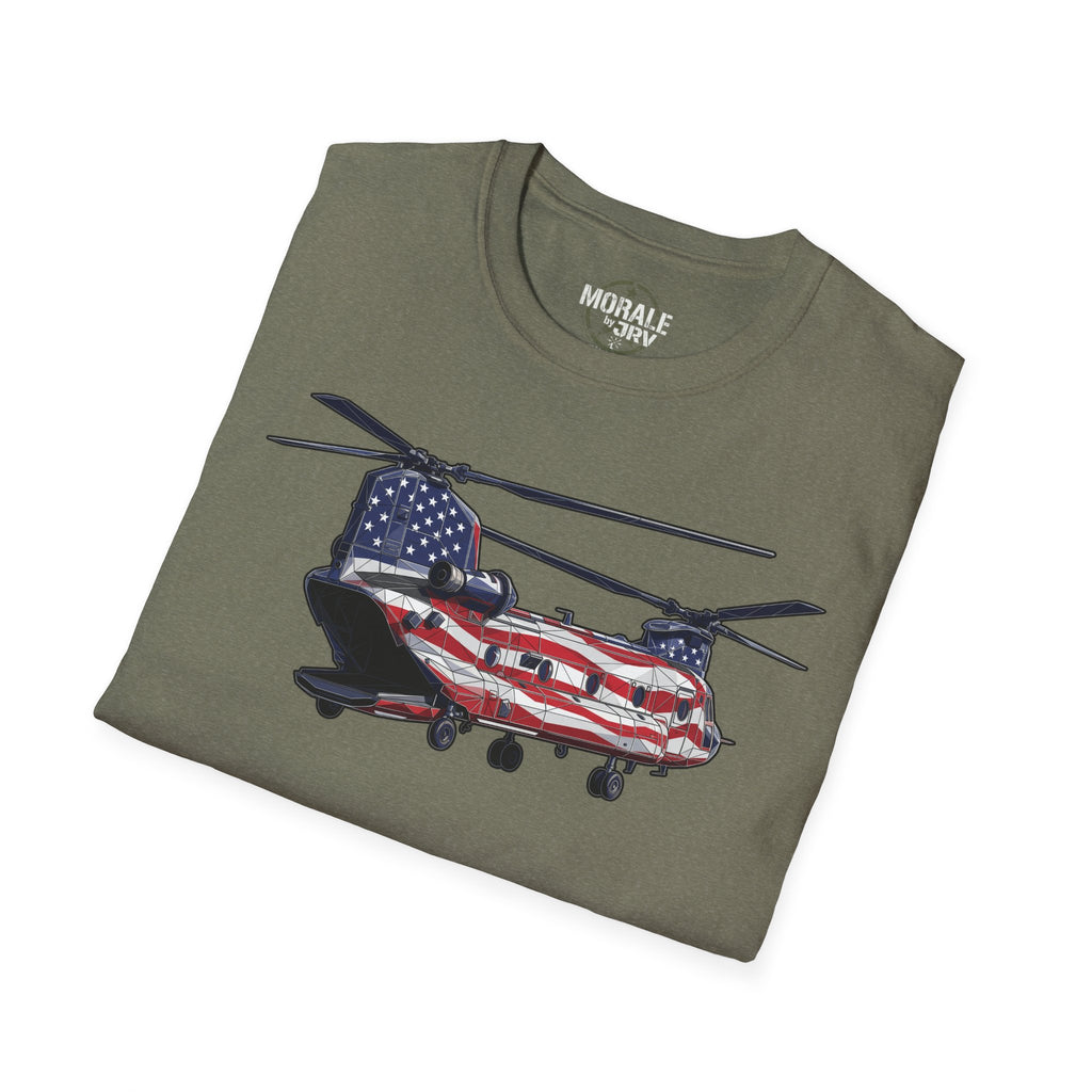 CH-47 Chinook T-Shirt, Heather Military Green, American flag helicopter graphic