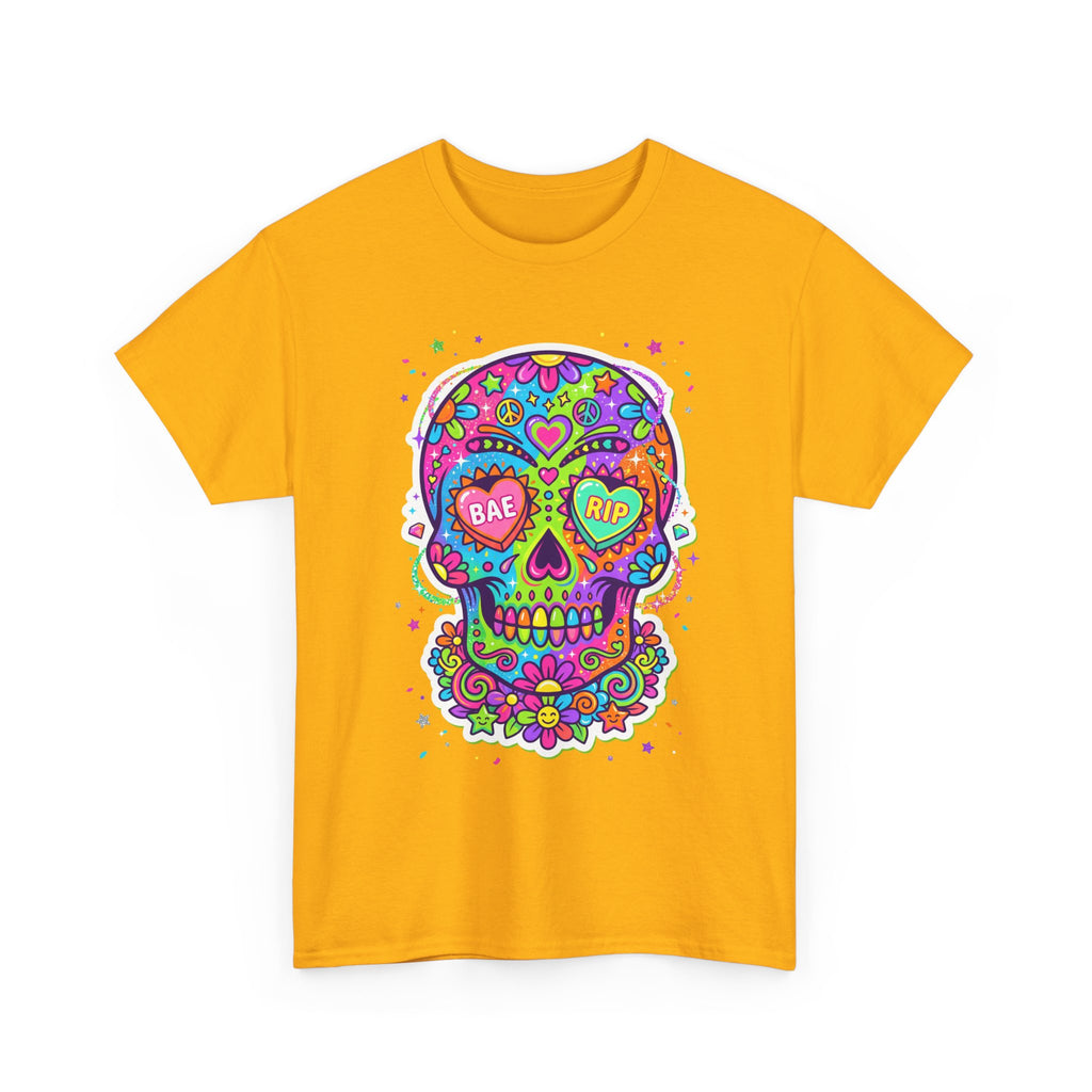 Mustard yellow T-shirt with colorful sugar skull graphic