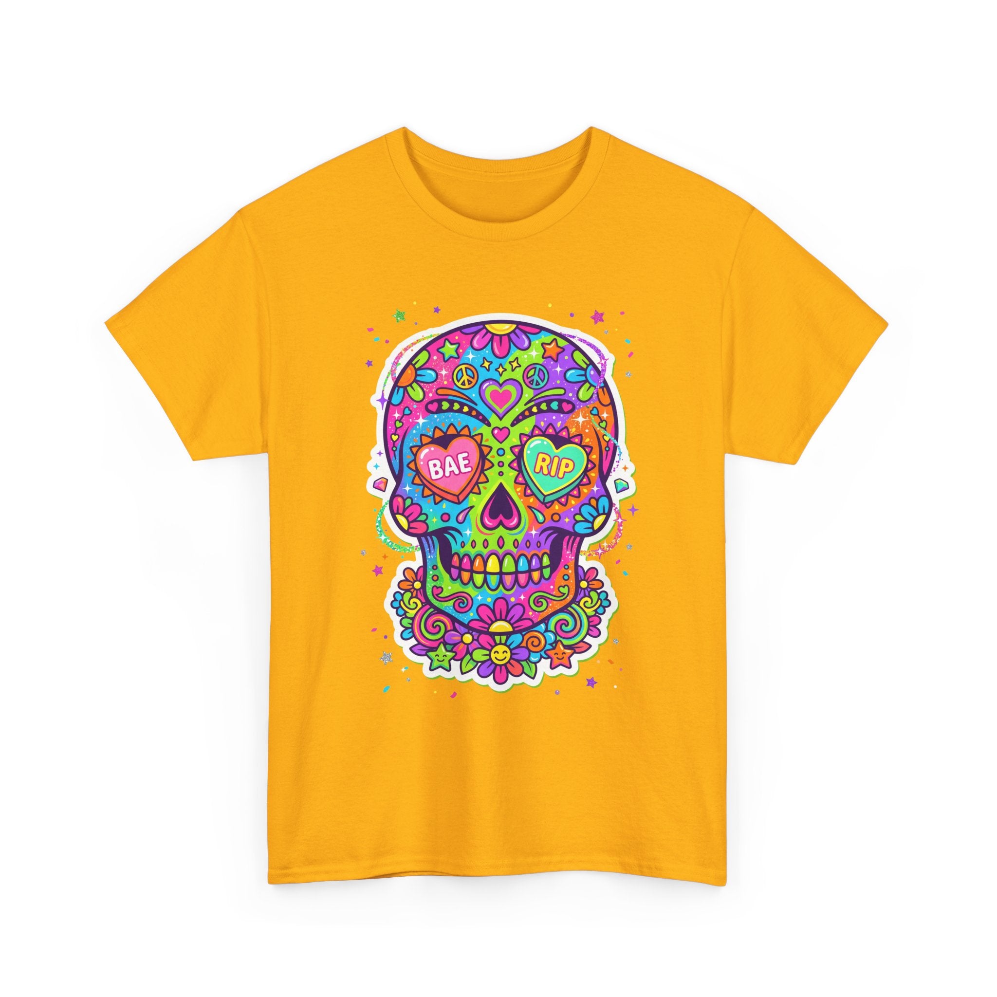 Mustard yellow T-shirt with colorful sugar skull graphic