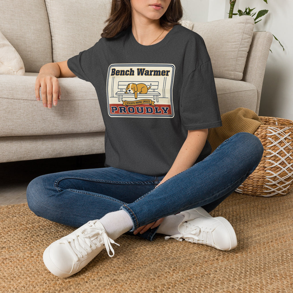 Charcoal T-shirt with “Bench Warmer Proudly” dog-on-bench graphic, worn on model