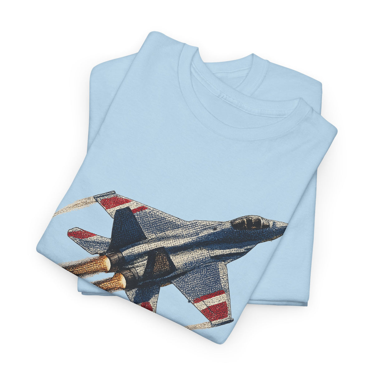 Light blue T-shirt front with fighter jet graphic partially shown
