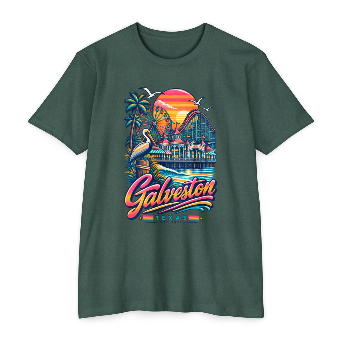 Forest green crewneck T-shirt with colorful beach sunset skyline and bird graphic