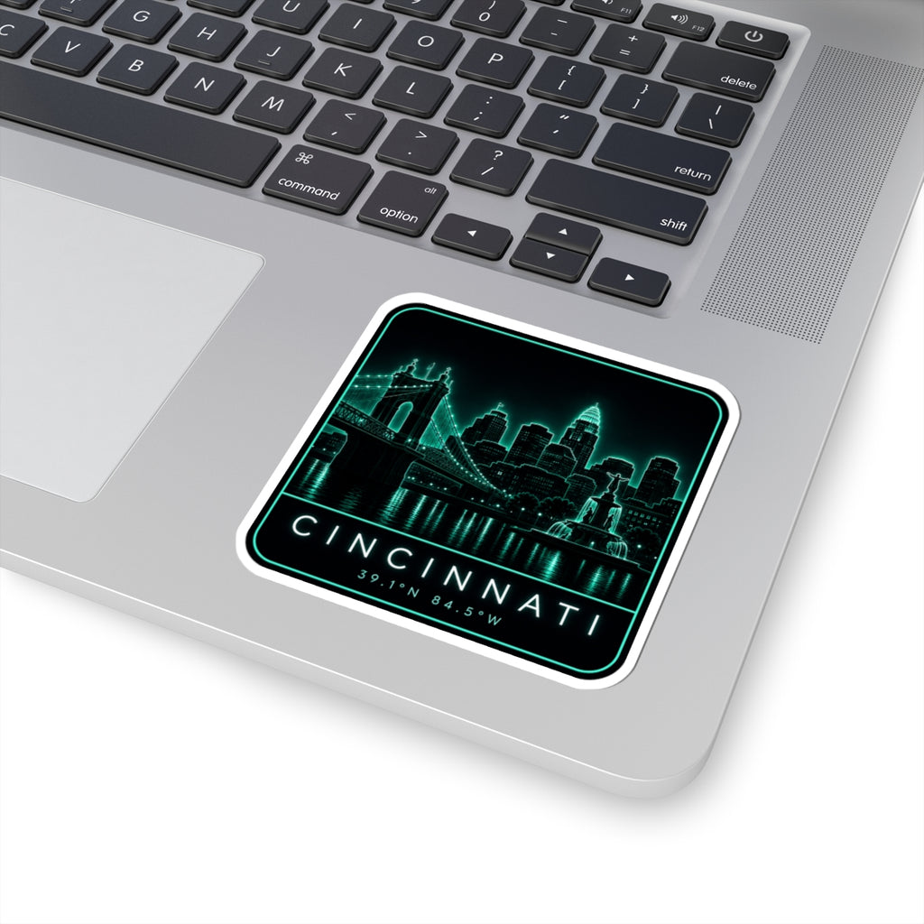 Neon skyline kiss-cut vinyl sticker with CINCINNATI text and 39.1'N 84.5'W