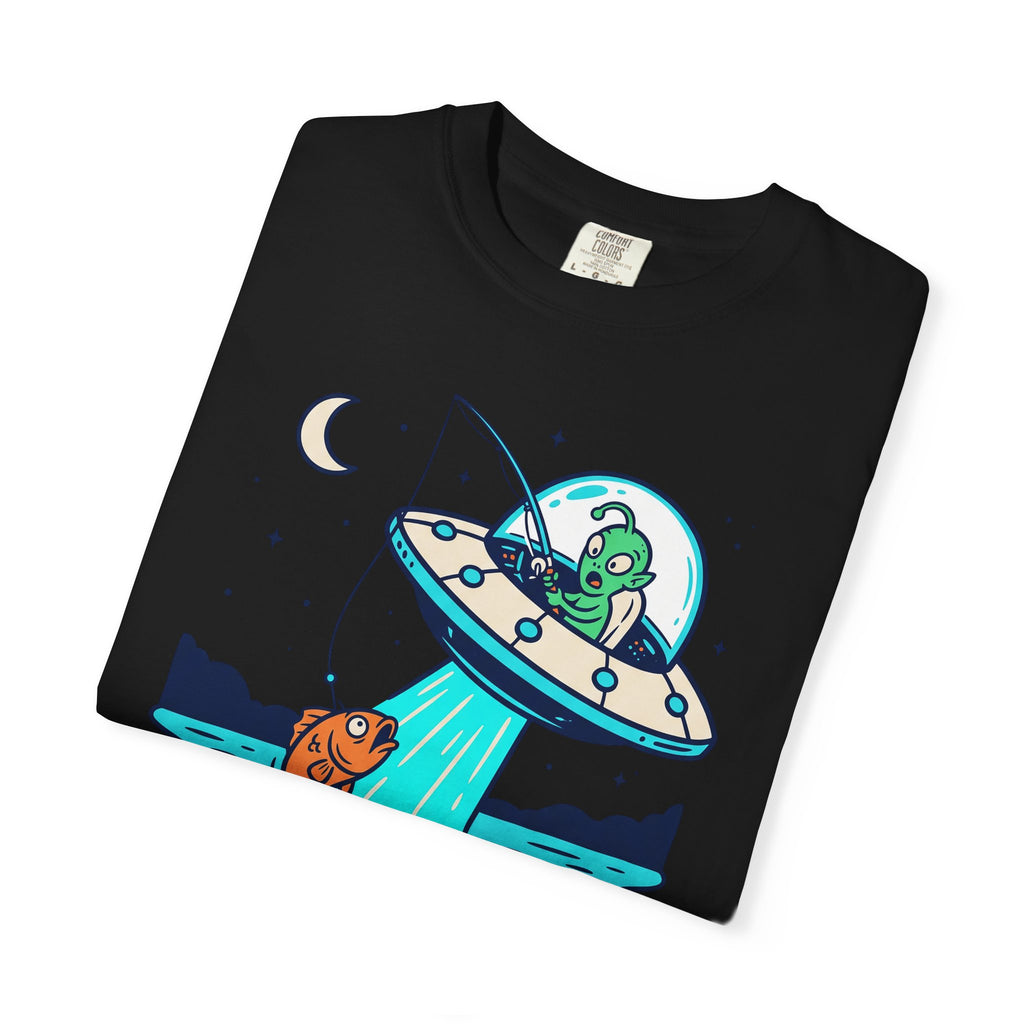 Black t-shirt with alien fishing saucer graphic and moon stars