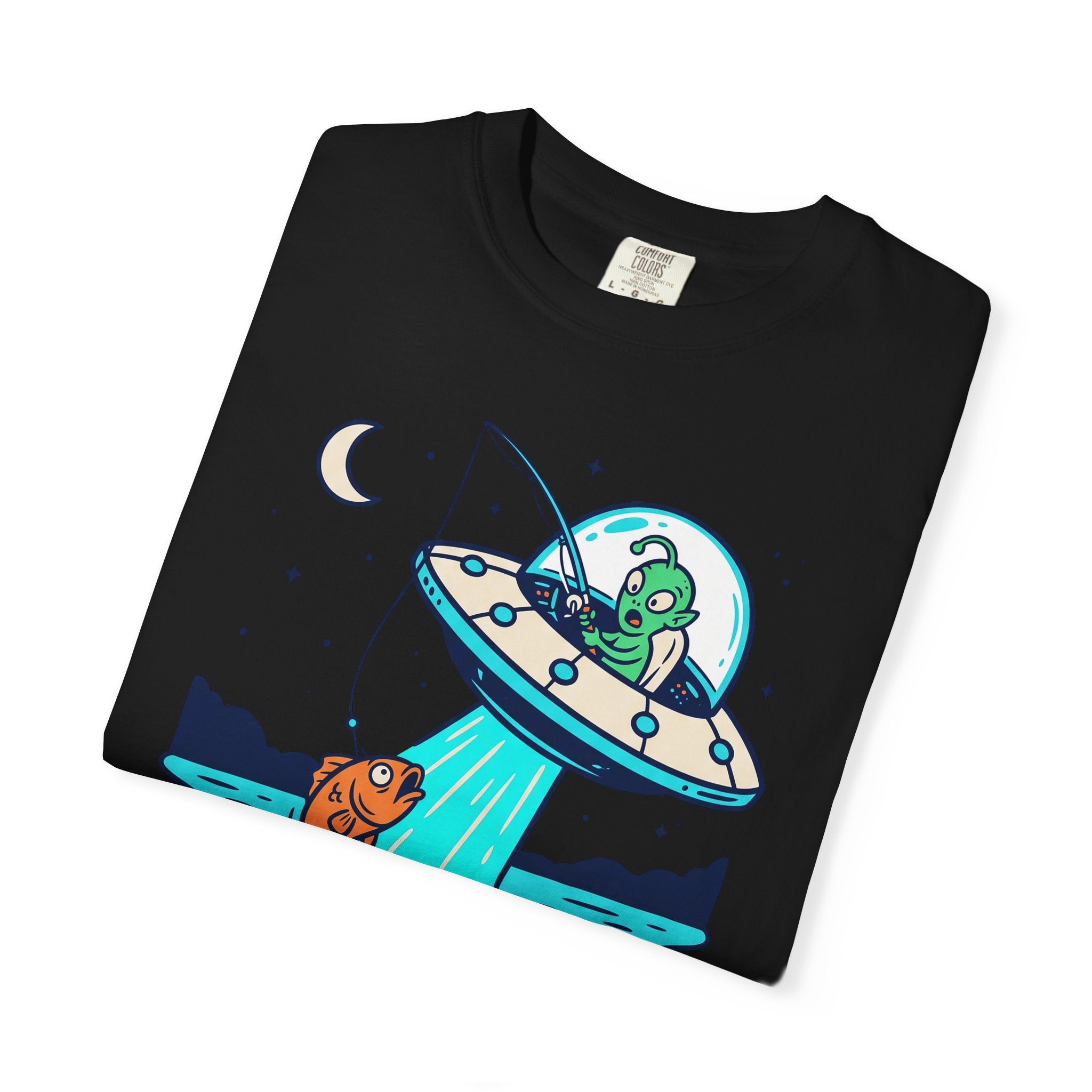 Black t-shirt with alien fishing saucer graphic and moon stars