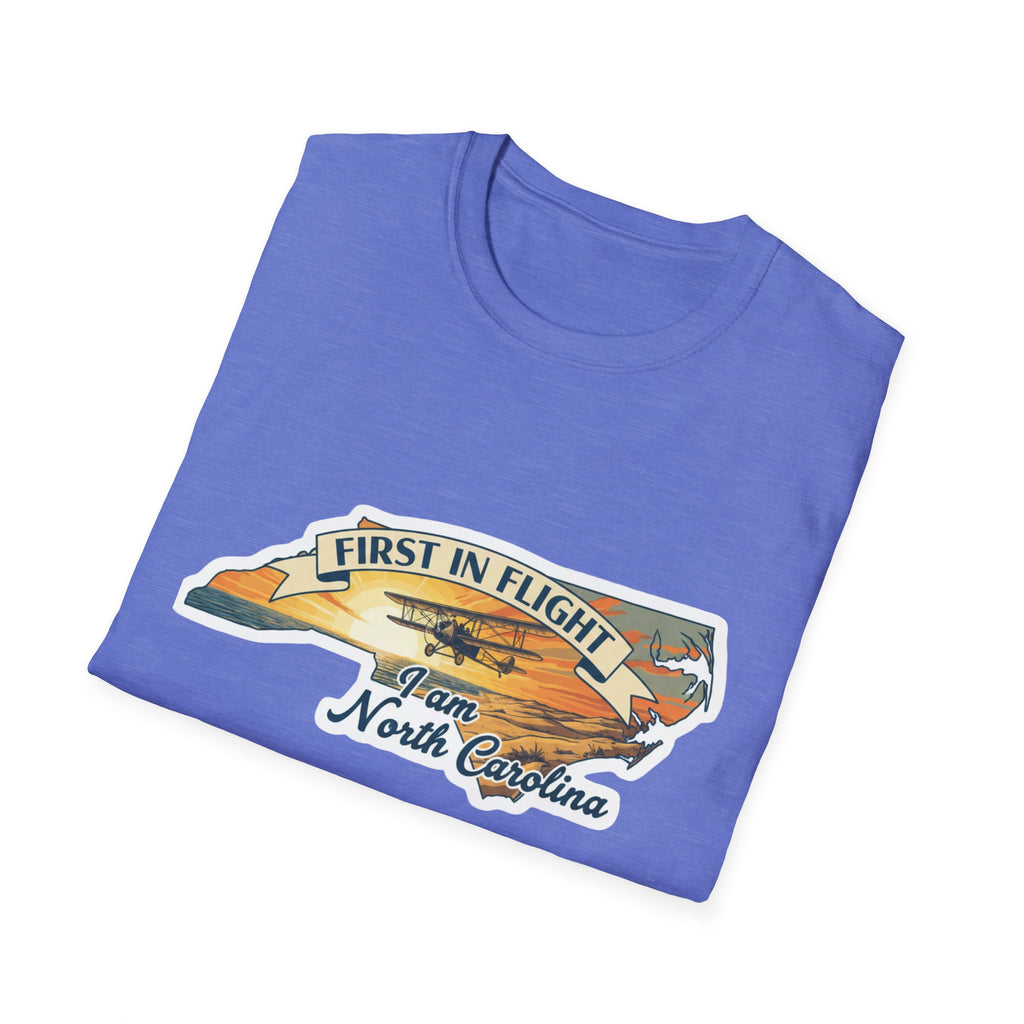 Light blue T-shirt with 'First in Flight' logo, airplane and North Carolina text